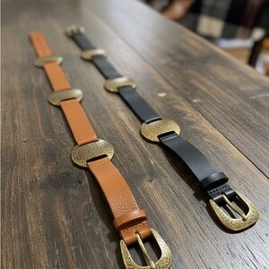 Michael Kors Black and Tan Leather Belt Set with Gold Buckles